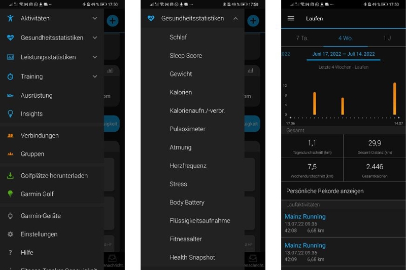 Меню приложения Garmin Connect.